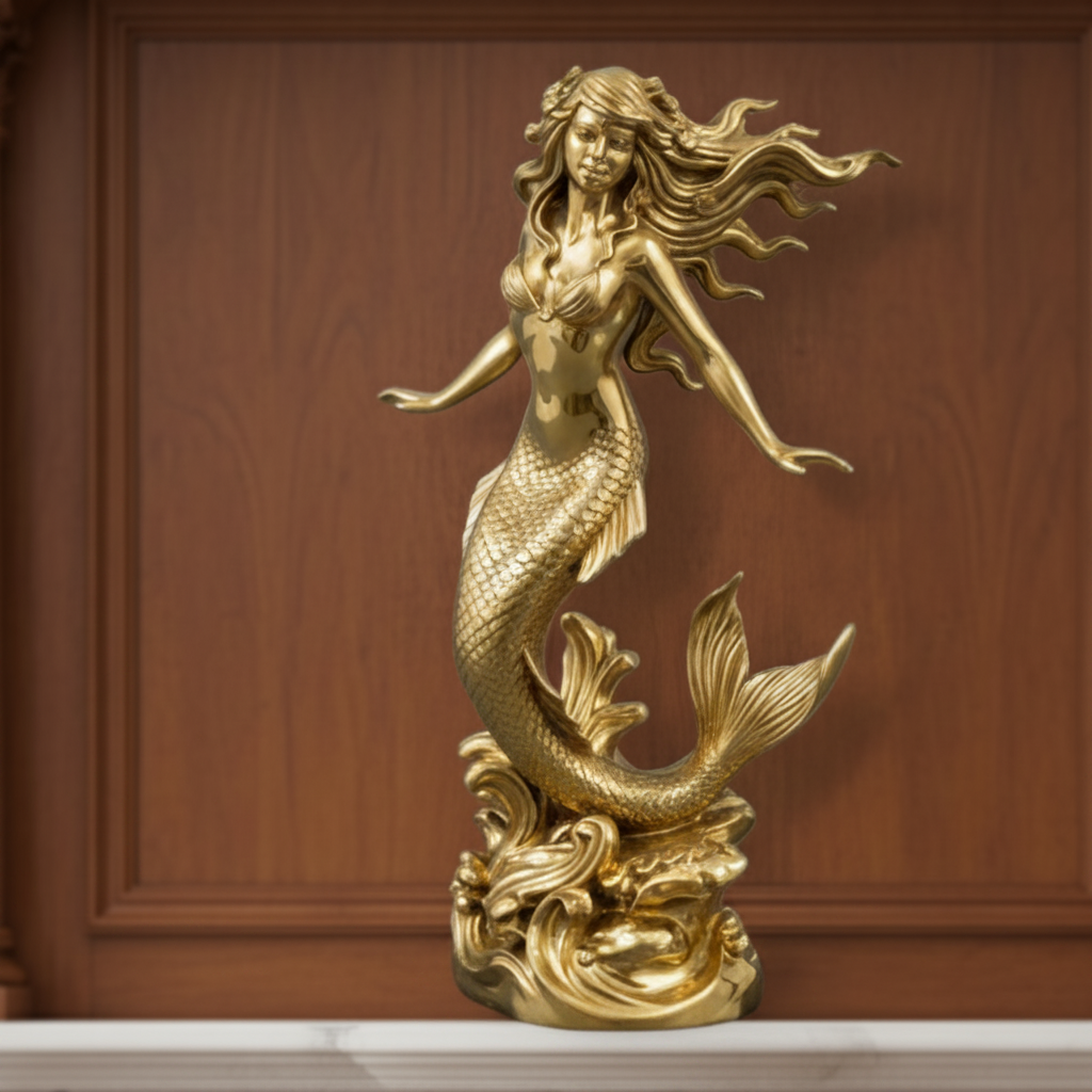 Polished Brass Mermaid Sculpture in high polish finish by MokshaGoldSculptures, detailed scales and flowing hair.