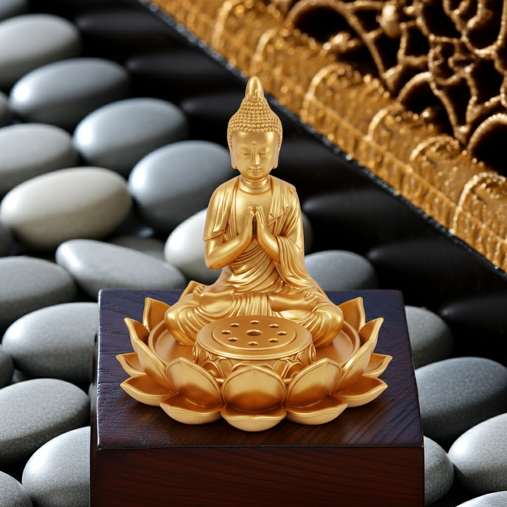 The Lotus Buddha Incense Holder by MokshaGoldSculptures in silver-tone finish with zen tray and pebbles.