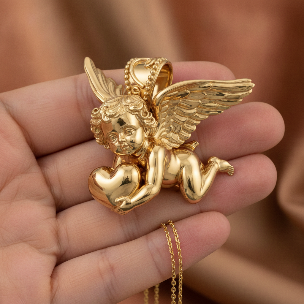Golden Cherub with Heart Pendant Necklace | Angel of Love & Protection | 9K Gold, Sterling Silver or Polished Brass | Handmade Religious Jewelry Gift