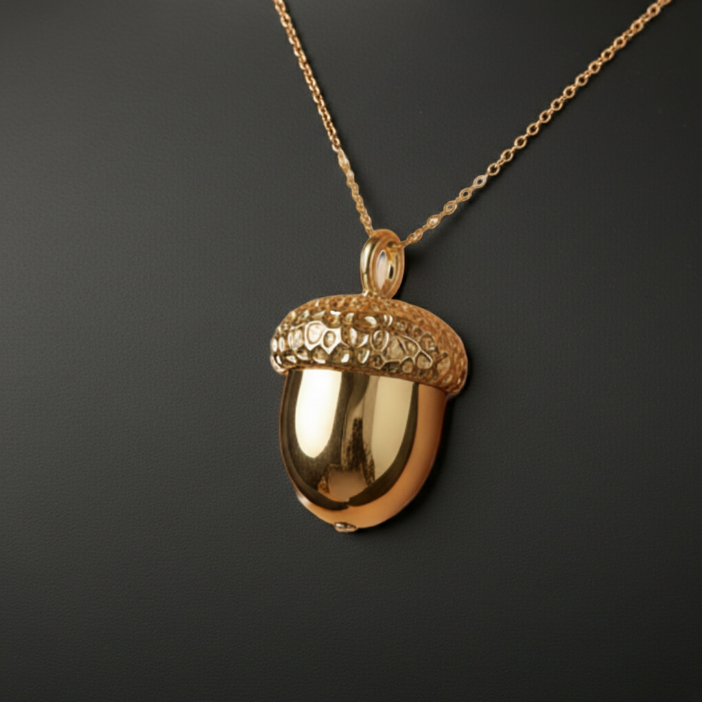 Gold Acorn Pendant Necklace in 24K gold plating with textured cap by MokshaGoldSculptures.