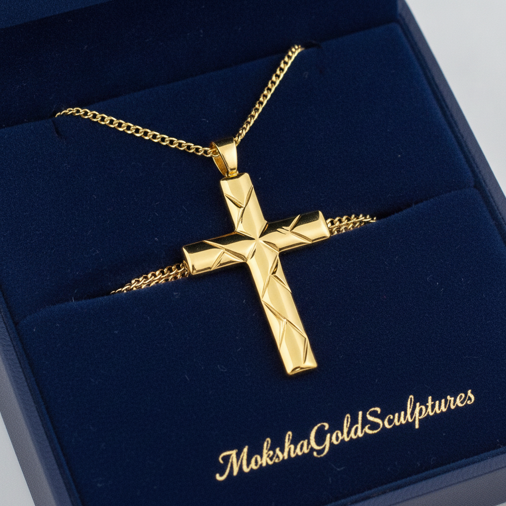 Faceted Cross Pendant Necklace in 9K gold by MokshaGoldSculptures, geometric charm, shown in branded blue box.