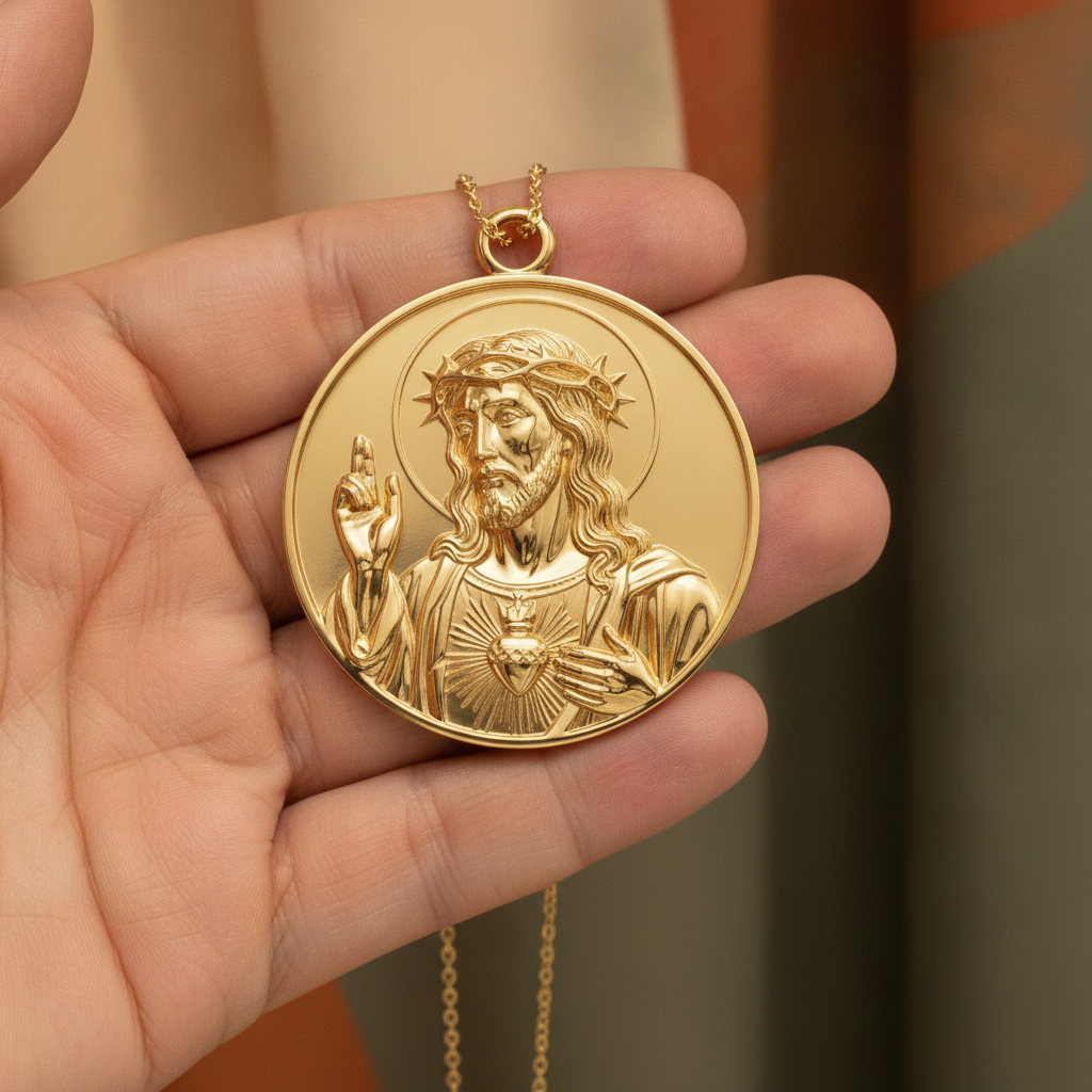 Jesus Sacred Heart Coin Pendant Necklace | 18K Gold Plated, Sterling Silver or Polished Brass | Christian Medallion | Catholic Religious Jewellery | 30mm