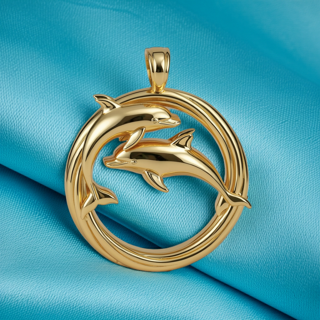 Polished Gold Dolphin Circle Pendant with Integrated Bail – Double Dolphin Necklace – 29 x 23 mm