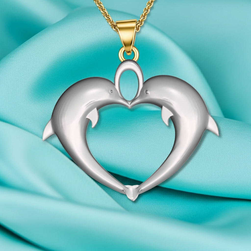 Double Dolphin Heart Pendant with Integrated Bail – Polished Silver or Brass – 29 x 24 mm