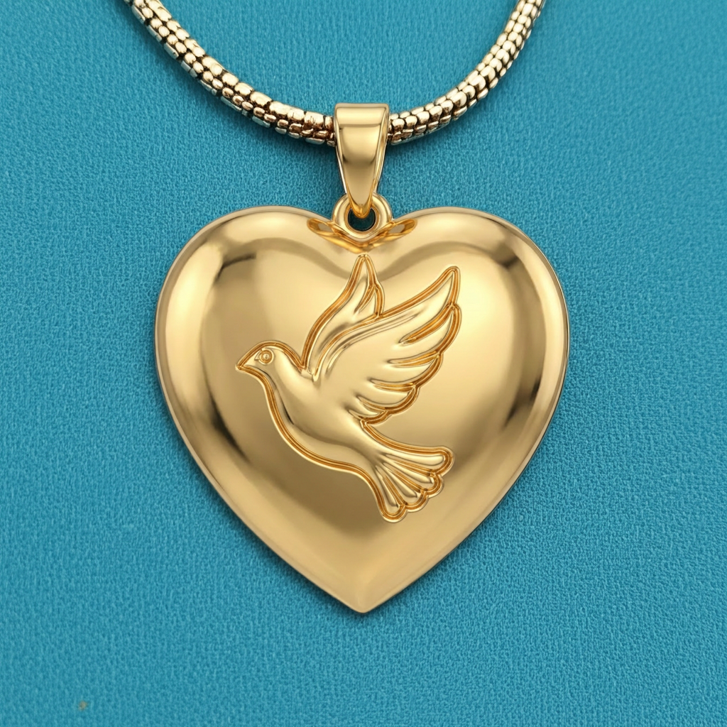 Holy Spirit Dove Heart Pendant – 30mm Polished Yellow Gold – Christian Faith Necklace, Religious 3D Relief Charm