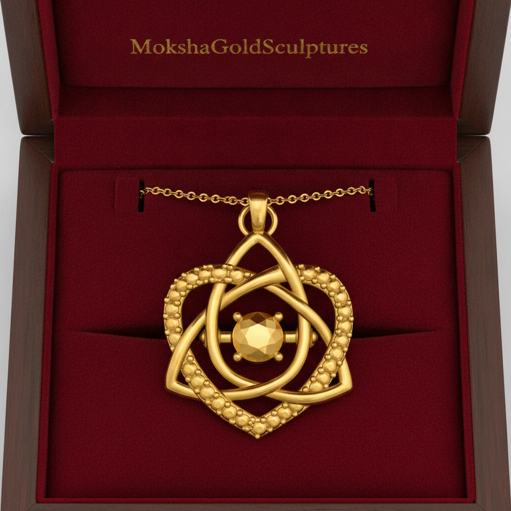 Celtic Trinity Knot Heart Emerald Pendant Necklace in gold by MokshaGoldSculptures in red velvet box, elegant finish.