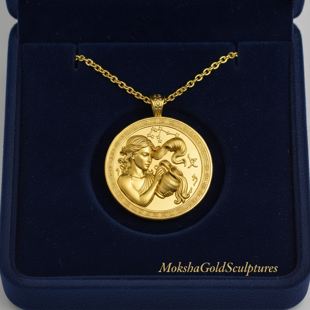 Aquarius Zodiac Pendant Necklace in 9K gold, sterling silver, or brass by MokshaGoldSculptures in navy velvet box.