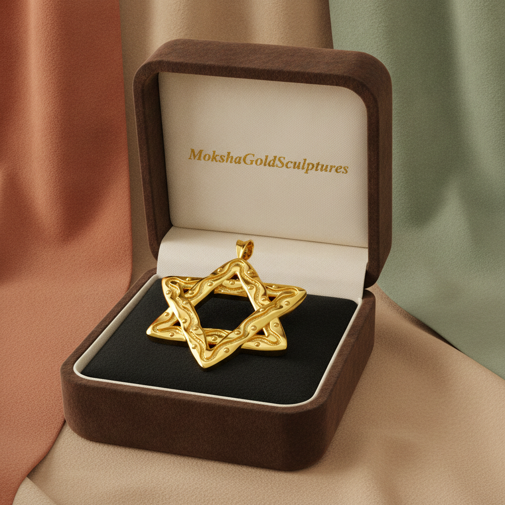Interwoven Star of David Pendant Necklace in 18K gold by MokshaGoldSculptures, presented in a velvet box.