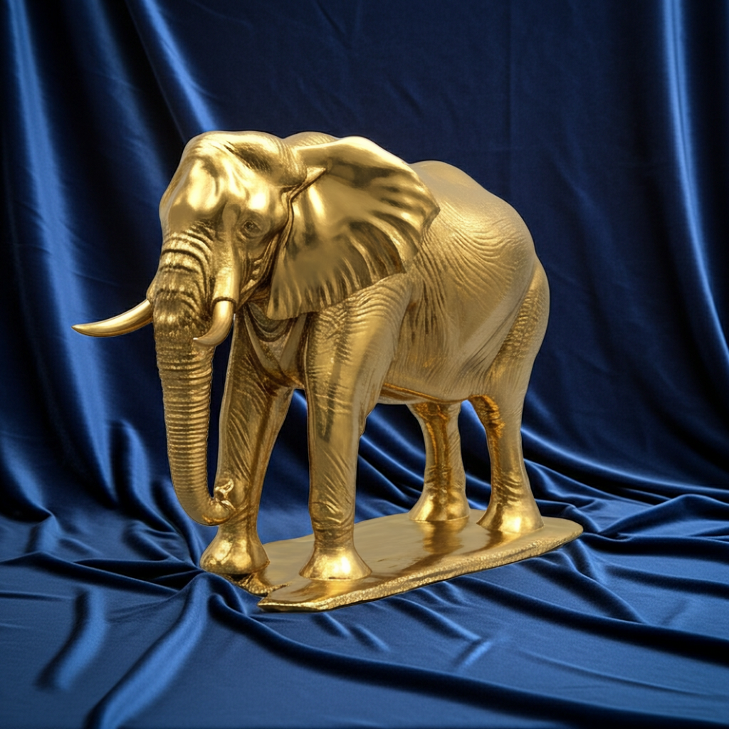 The Majestic Golden Elephant Statue by MokshaGoldSculptures in gold PLA with intricate textured finish and matching base.