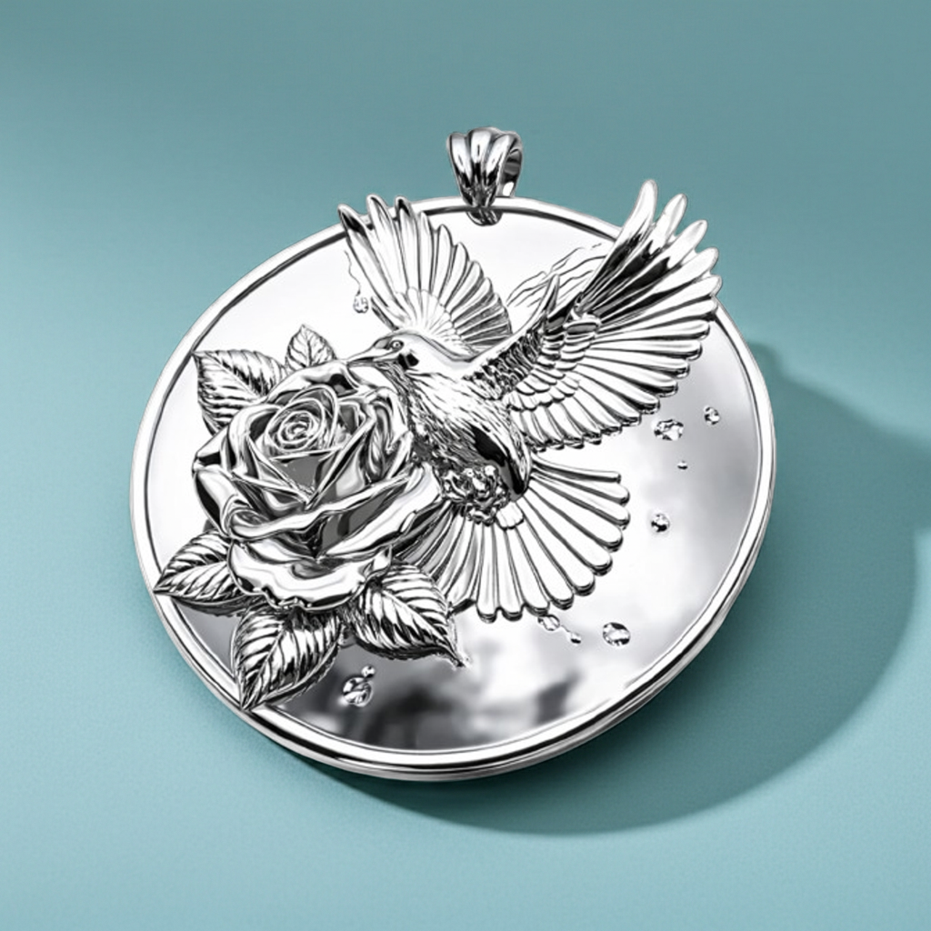 Polished Silver & Brass Hummingbird Rose Pendant Necklace | Handmade Engraved Floral Bird Jewelry | Gift for Her | Nature Inspired Charm