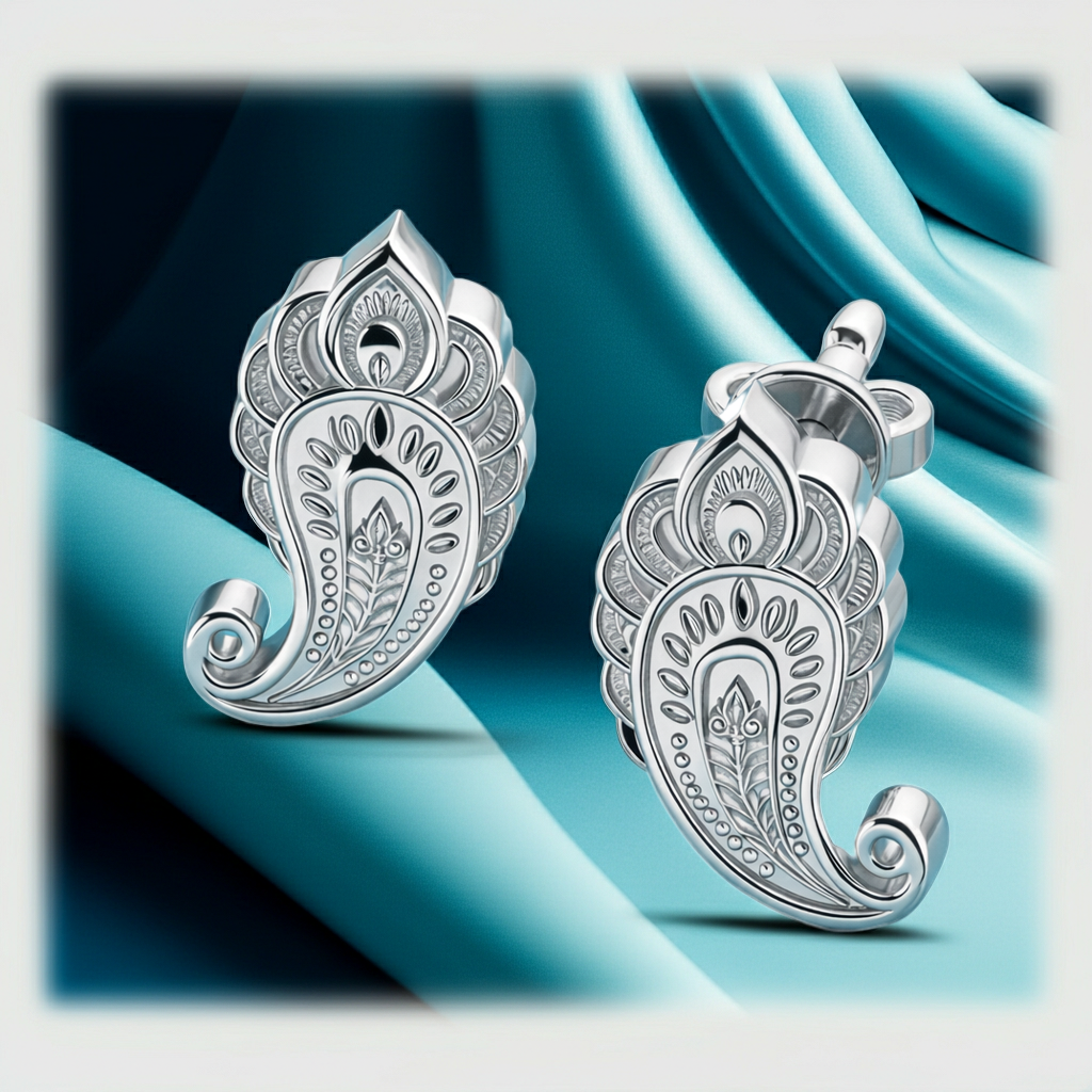 Silver Paisley Pattern Stud Earrings, Polished Brass Stud Earrings, Ornamental Handmade Jewellery