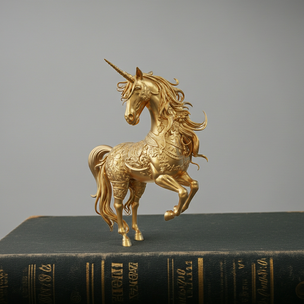 The Golden Unicorn Statue 250mm in gold finish by MokshaGoldSculptures displayed on a dark green book.