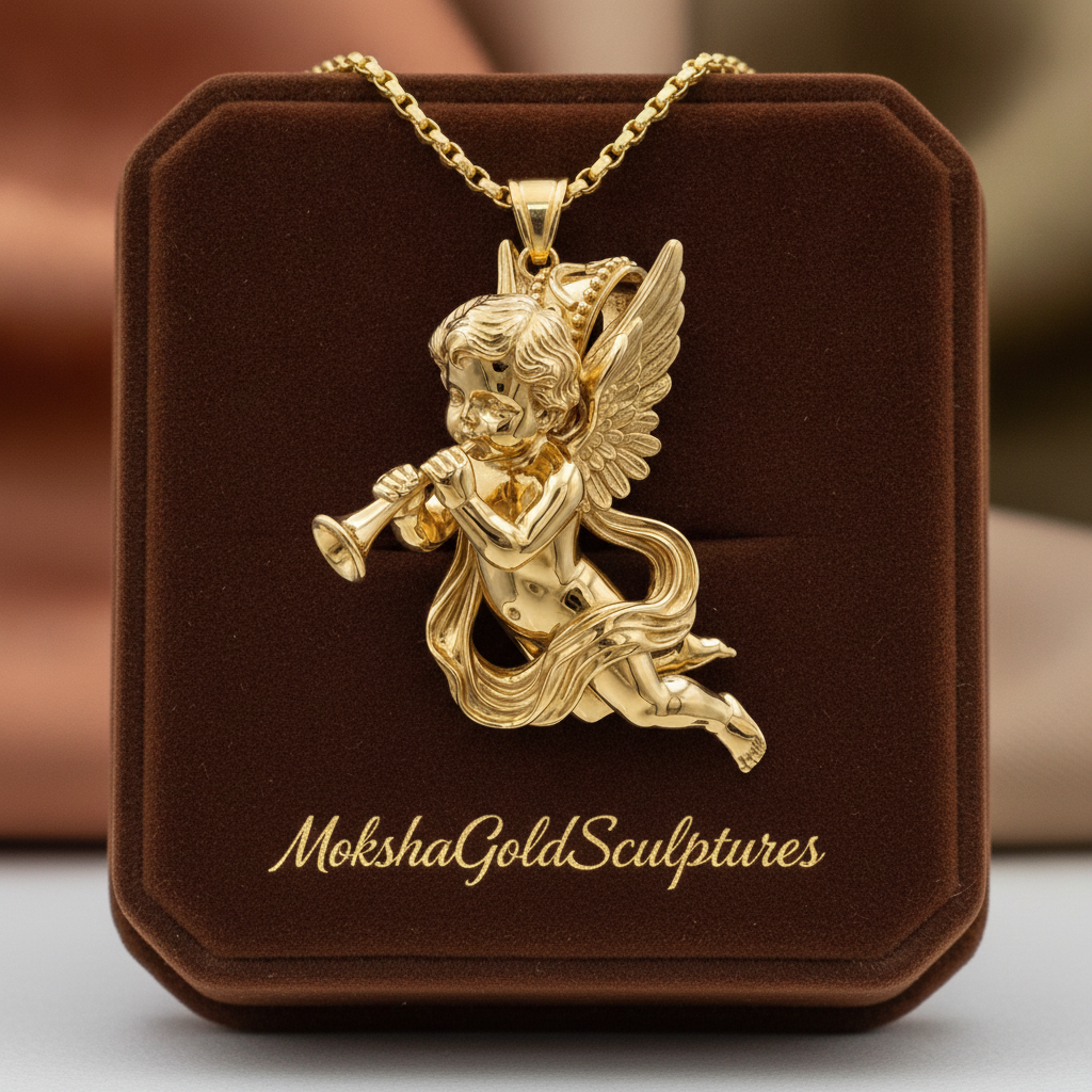 Golden Cherub Flute Pendant Necklace | Guardian Angel Jewelry | 9K Gold, Sterling Silver & Yellow Brass