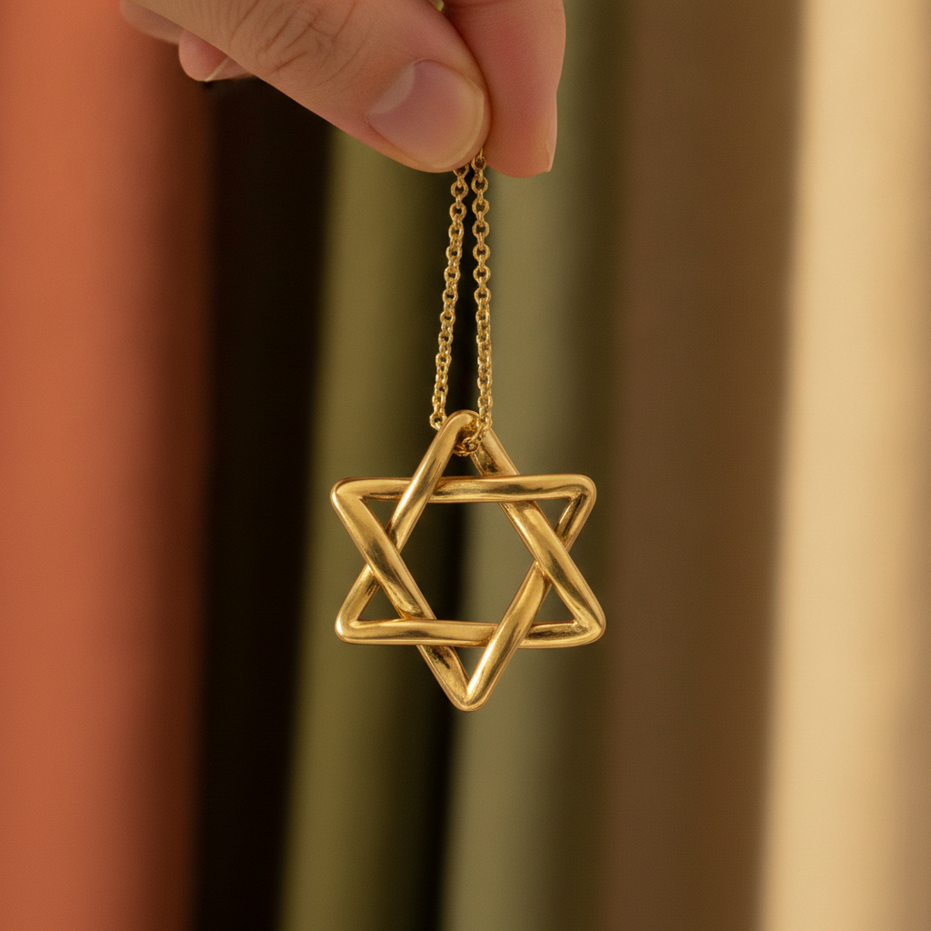 Interlaced Star of David Pendant Necklace in 18K gold and sterling silver by MokshaGoldSculptures.