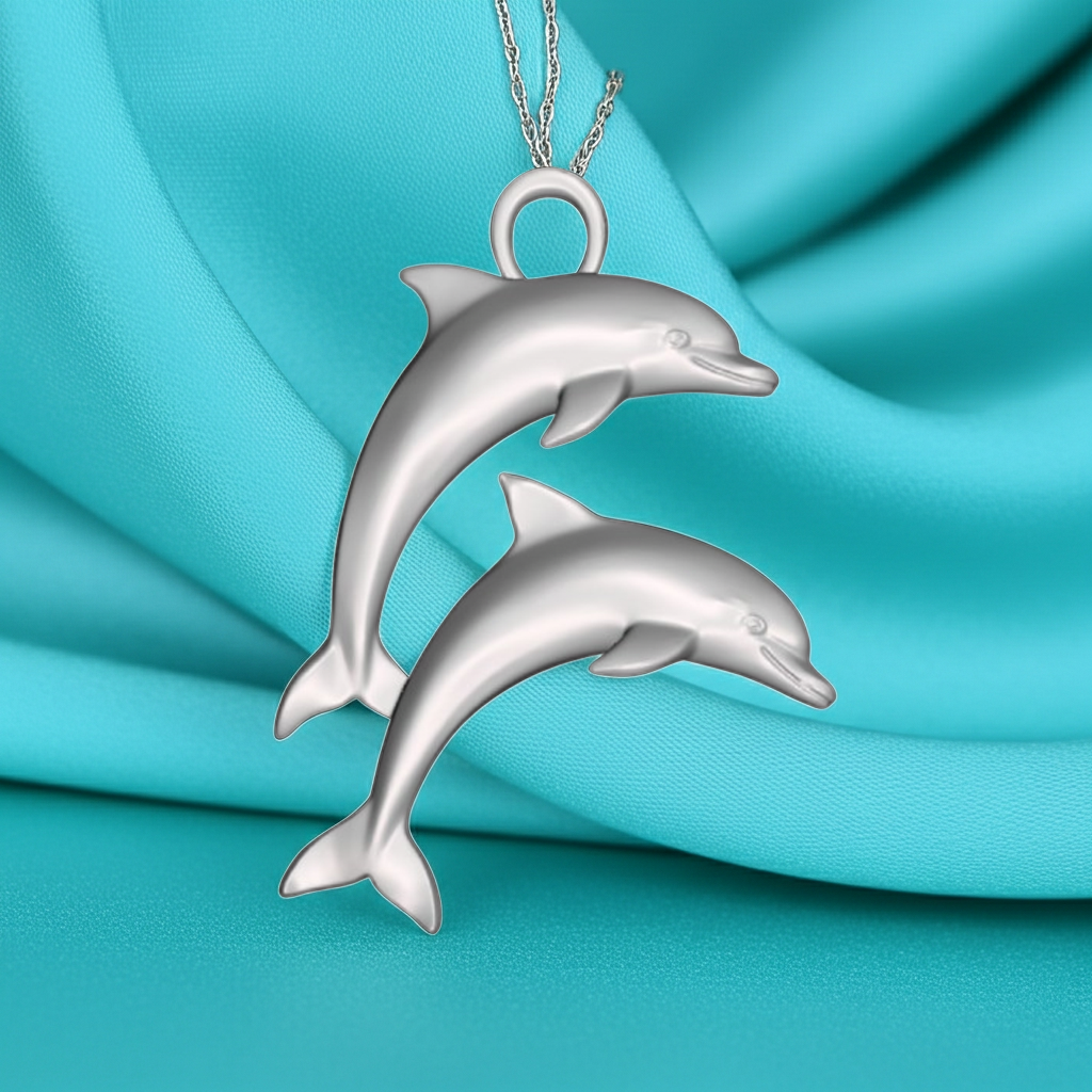 Double Dolphin Pendant with Integrated Bail – Polished Silver or Brass – 28 x 21 mm