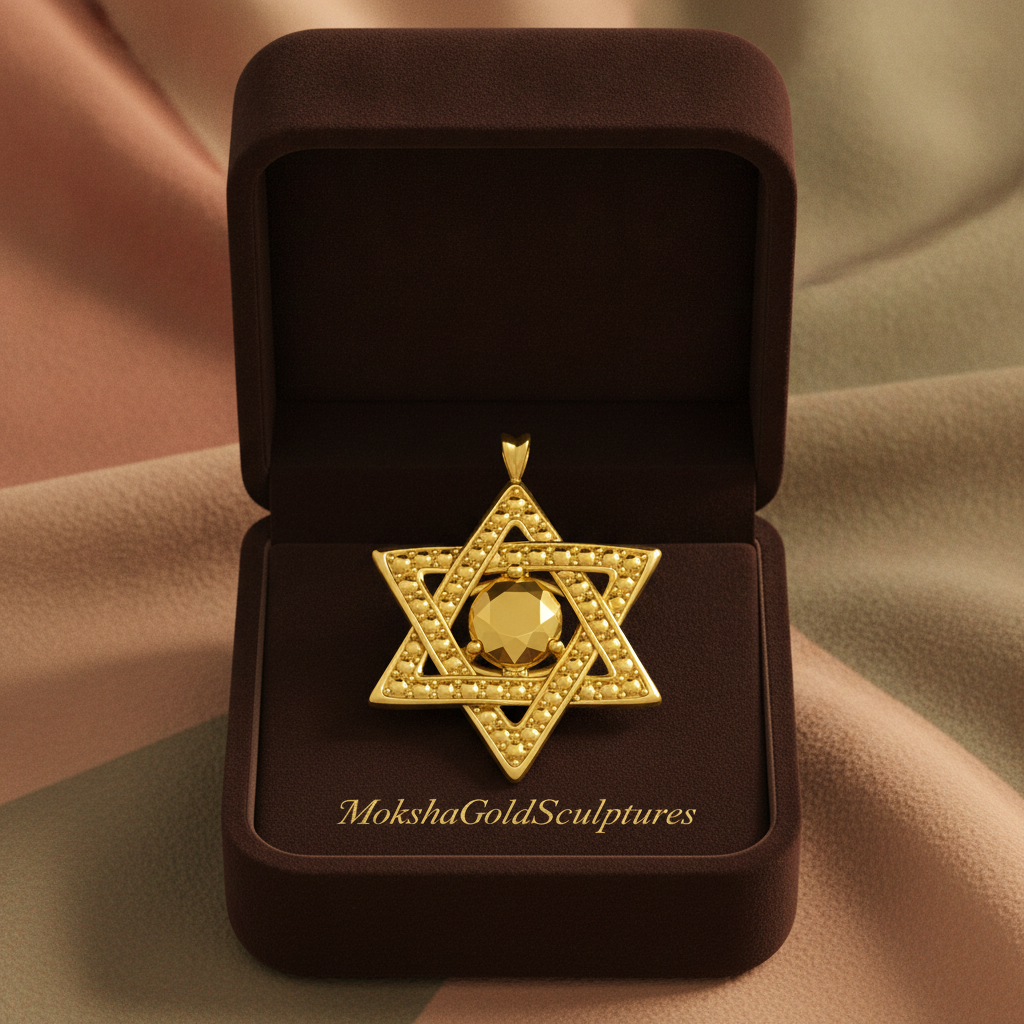 Star of David Pendant Necklace in 18K gold by MokshaGoldSculptures, high polish finish, displayed in an open brown box.