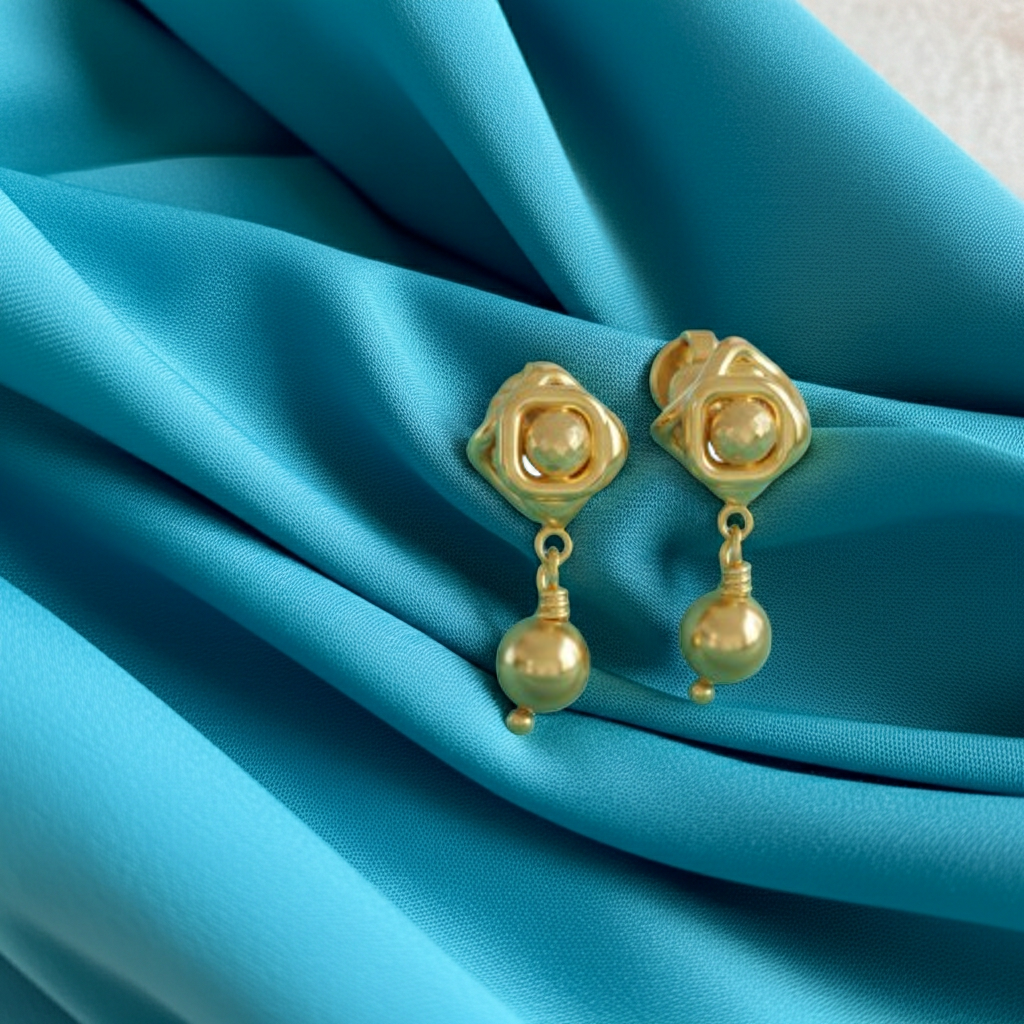 Geometric Pearl Drop Stud Earrings in Gold | 30mm Sculptural Drop Earrings | Lightweight Modern Statement Jewelry