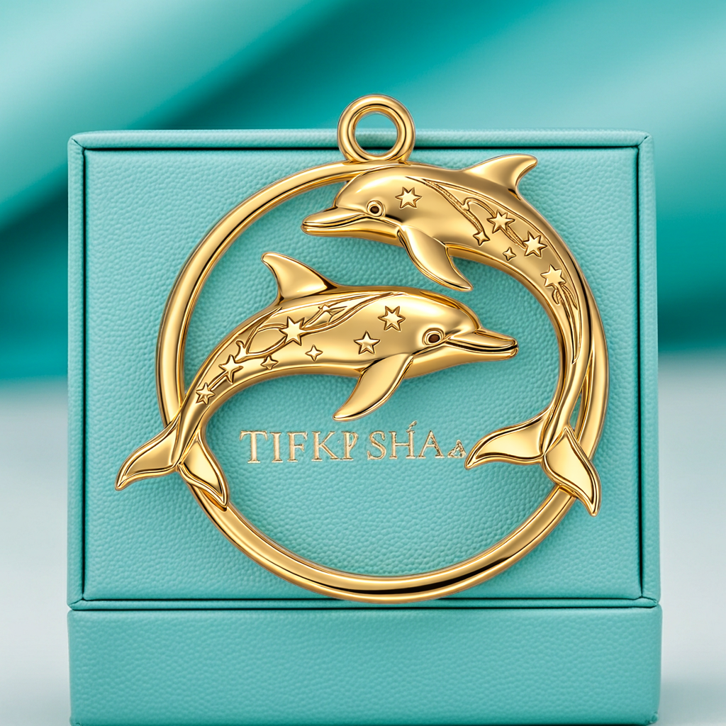 Polished Sterling Silver Dolphin Circle Pendant – Celestial Star Engraved Double Dolphin Necklace Charm – 25x23mm