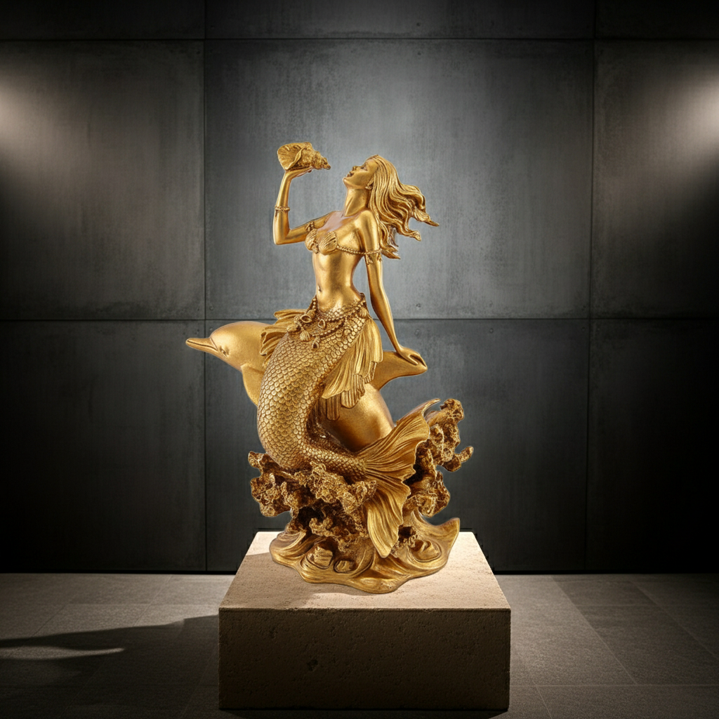 The Golden Mermaid with Dolphin and Konch Shell PLA statue, matte finish by MokshaGoldSculptures.