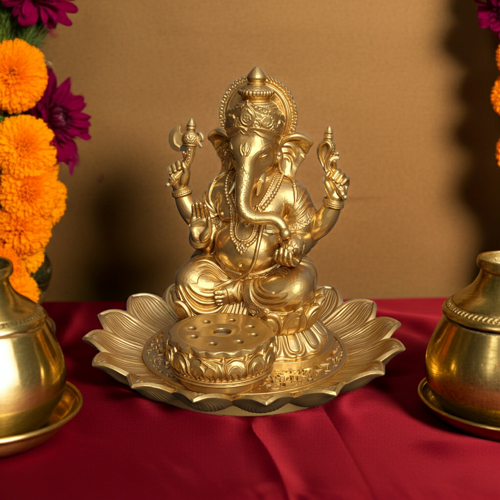 Golden Ganesh Incense Holder with Lotus Base – PLA 3D Printed Spiritual Decor – Meditation Ash Catcher – Hindu Home Temple Gift – Free Shipping