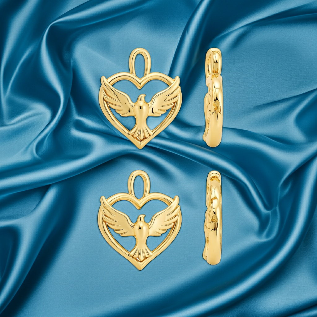 Holy Spirit Dove Heart Pendant – 35mm Polished Yellow Gold – Christian Religious Charm, Faith Jewelry, 3D Relief Necklace
