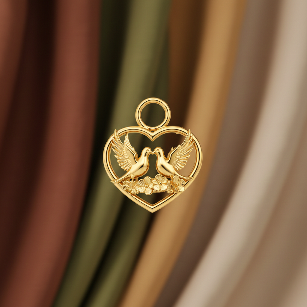 Solid Gold Heart and Dove Pendant - Romantic Love Bird Charm Necklace