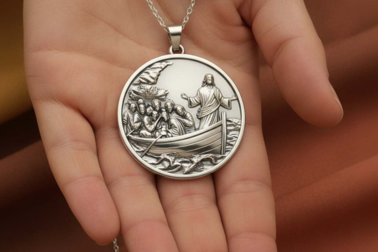 Jesus Calms the Storm Coin Pendant Necklace | 30mm Christian Medallion | 18K Gold, Sterling Silver or Yellow Brass | Religious Gift