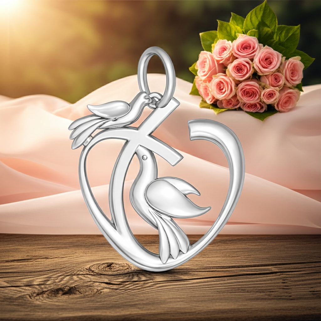 Heart and Dove Pendant - Polished Silver and Brass Symbolic Charm