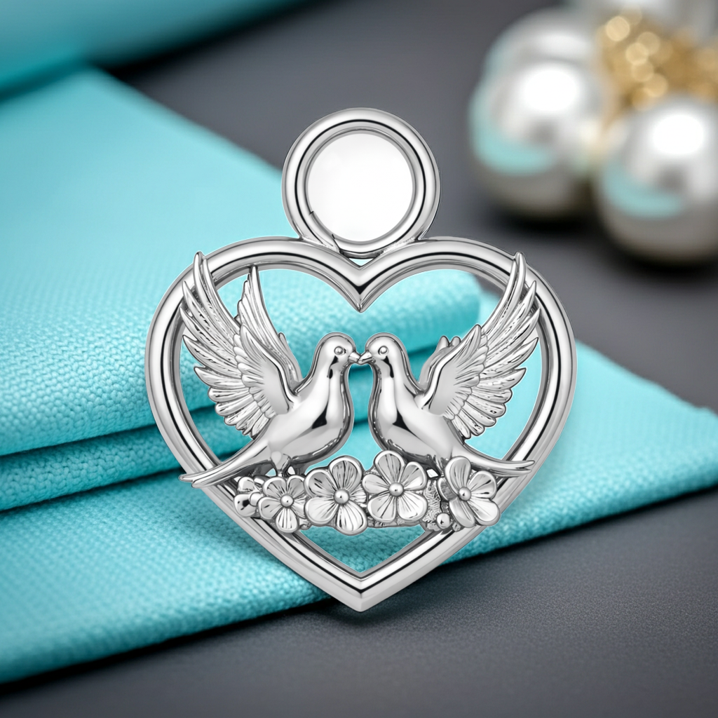 Heart and Dove Pendant - Polished Silver and Brass Romantic Love Charm