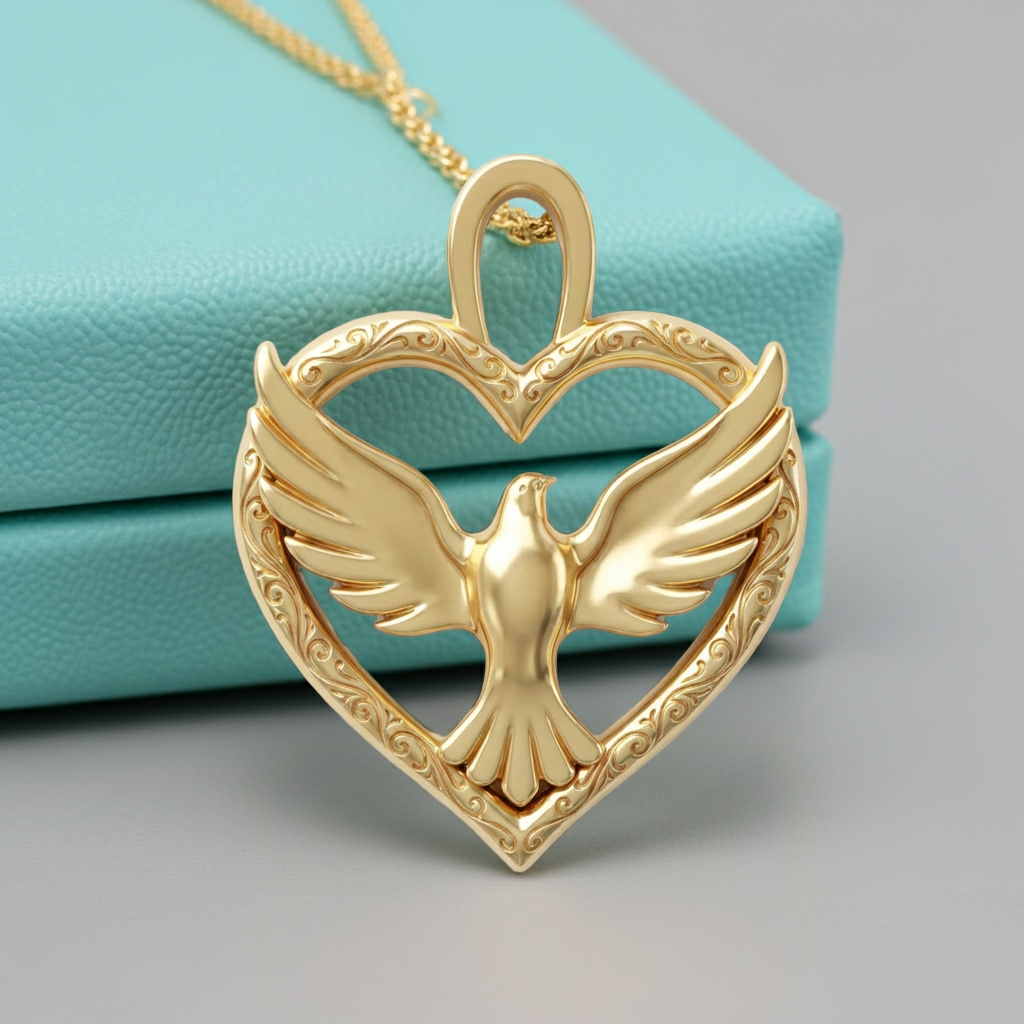 Holy Spirit Dove Heart Pendant – 35mm Polished Yellow Gold – Christian Religious Charm, Faith Jewelry, 3D Relief Necklace