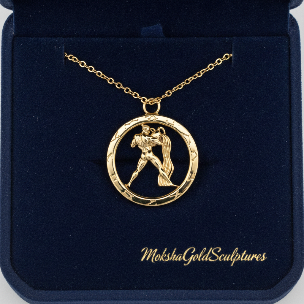 Aquarius Zodiac Pendant Necklace in 9K gold by MokshaGoldSculptures, Water Bearer motif, elegant polished finish.