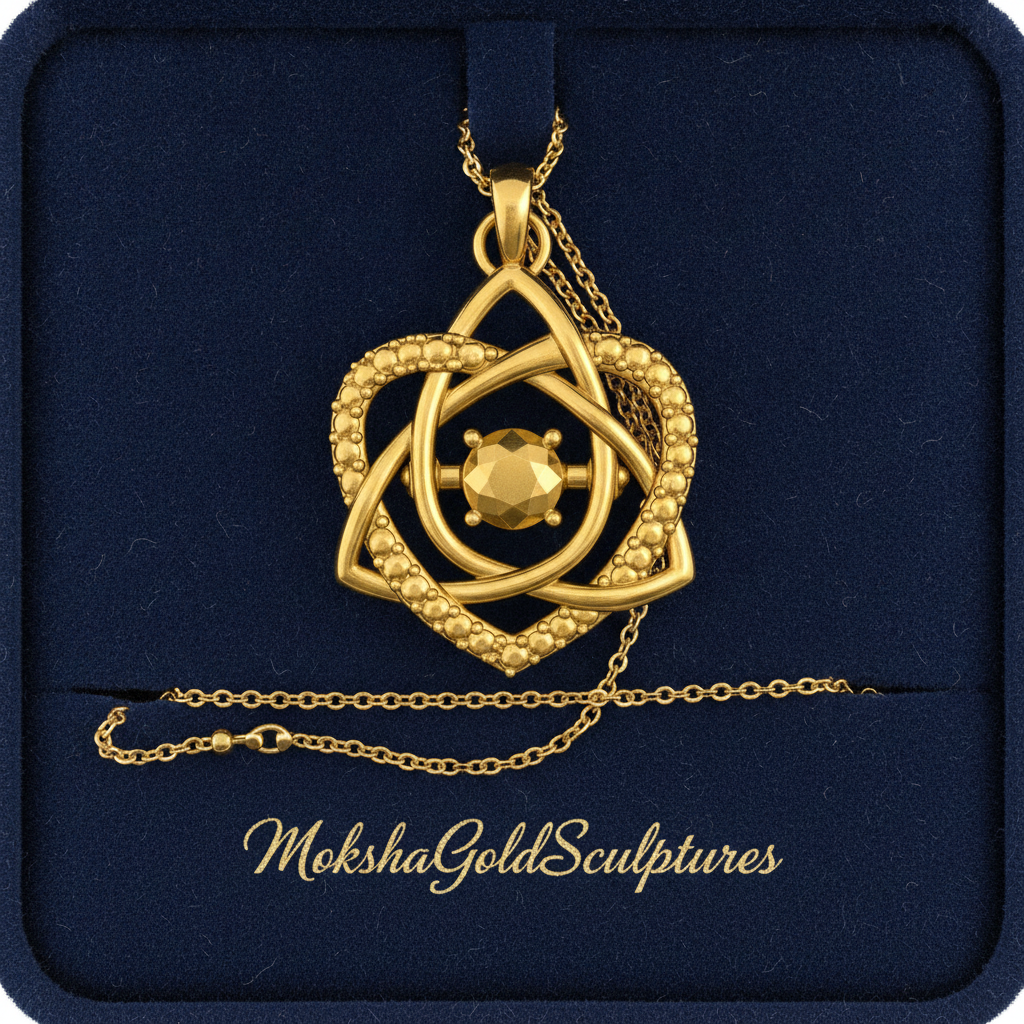 Celtic Trinity Knot Heart Emerald Pendant Necklace in 9K gold by MokshaGoldSculptures on chain, deep blue backdrop.