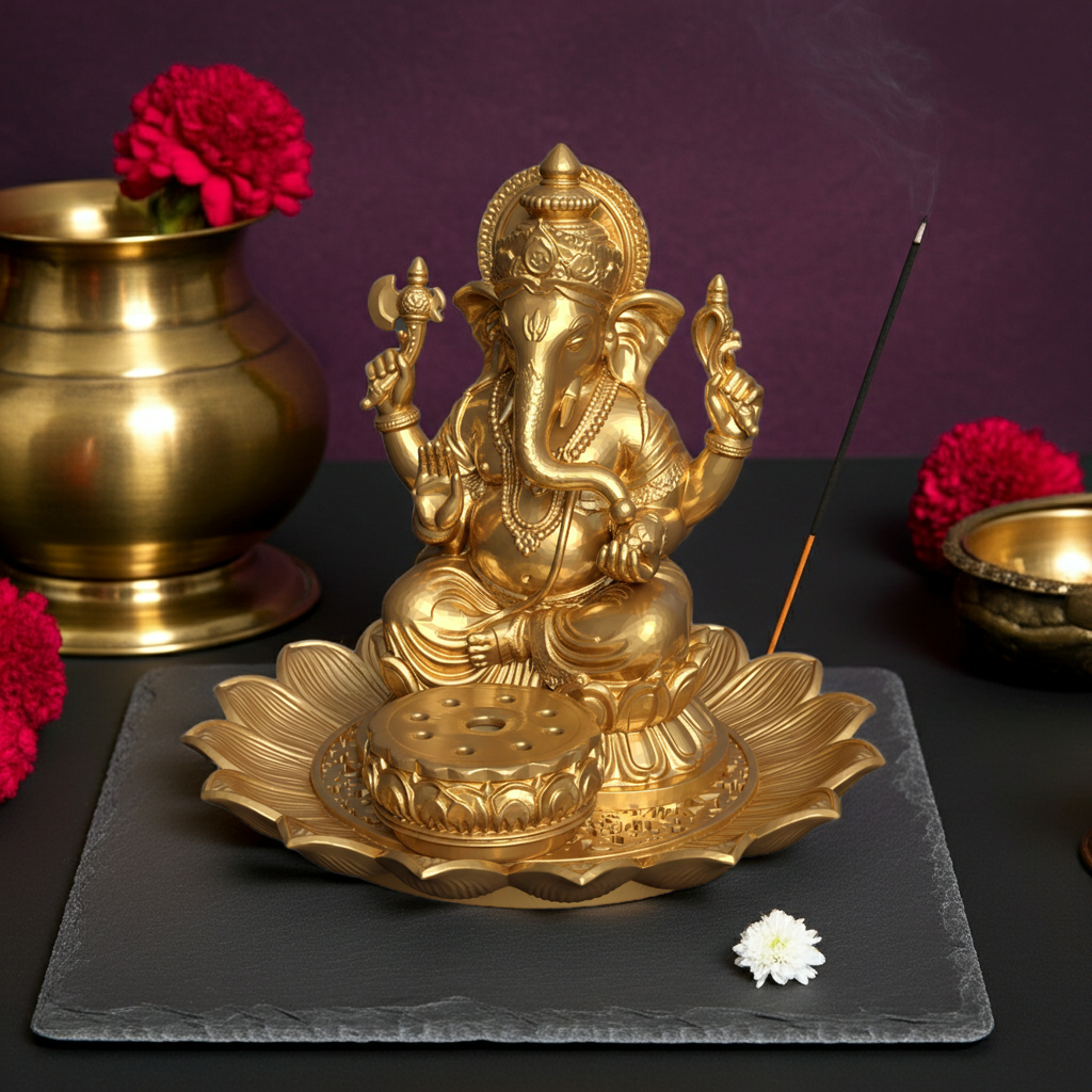 Golden Ganesh Incense Holder with Lotus Base – PLA 3D Printed Spiritual Decor – Meditation Ash Catcher – Hindu Home Temple Gift – Free Shipping