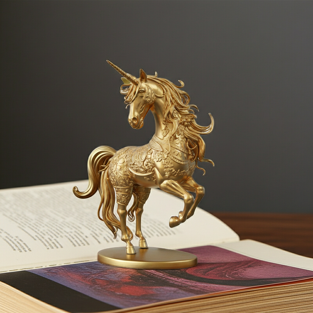The Golden Unicorn Statue in gold finish by MokshaGoldSculptures, intricate patterns, raised leg, fantasy desk ornament.