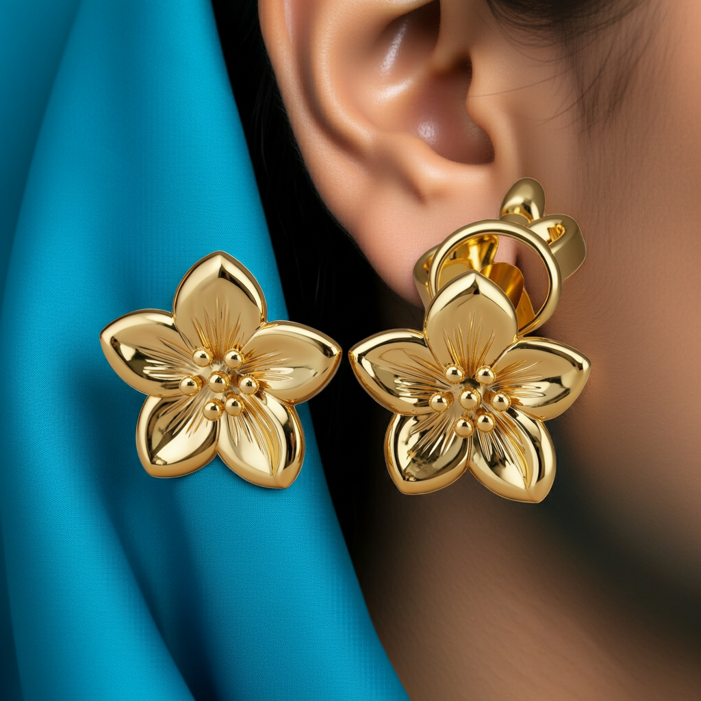 Silver Cherry Blossom Earrings, Floral Stud Earrings, Polished Brass Flower Earrings, Minimalist Handmade Jewellery