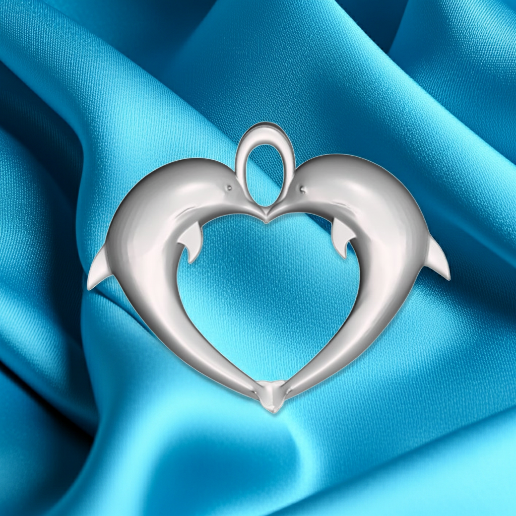 Double Dolphin Heart Pendant with Integrated Bail – Polished Silver or Brass – 29 x 24 mm