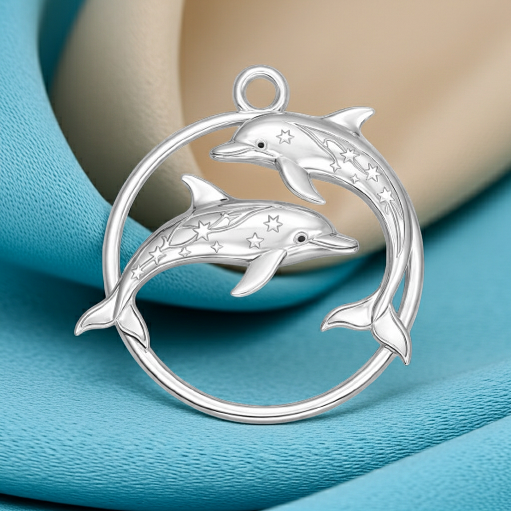Polished Sterling Silver Dolphin Circle Pendant – Celestial Star Engraved Double Dolphin Necklace Charm – 25x23mm