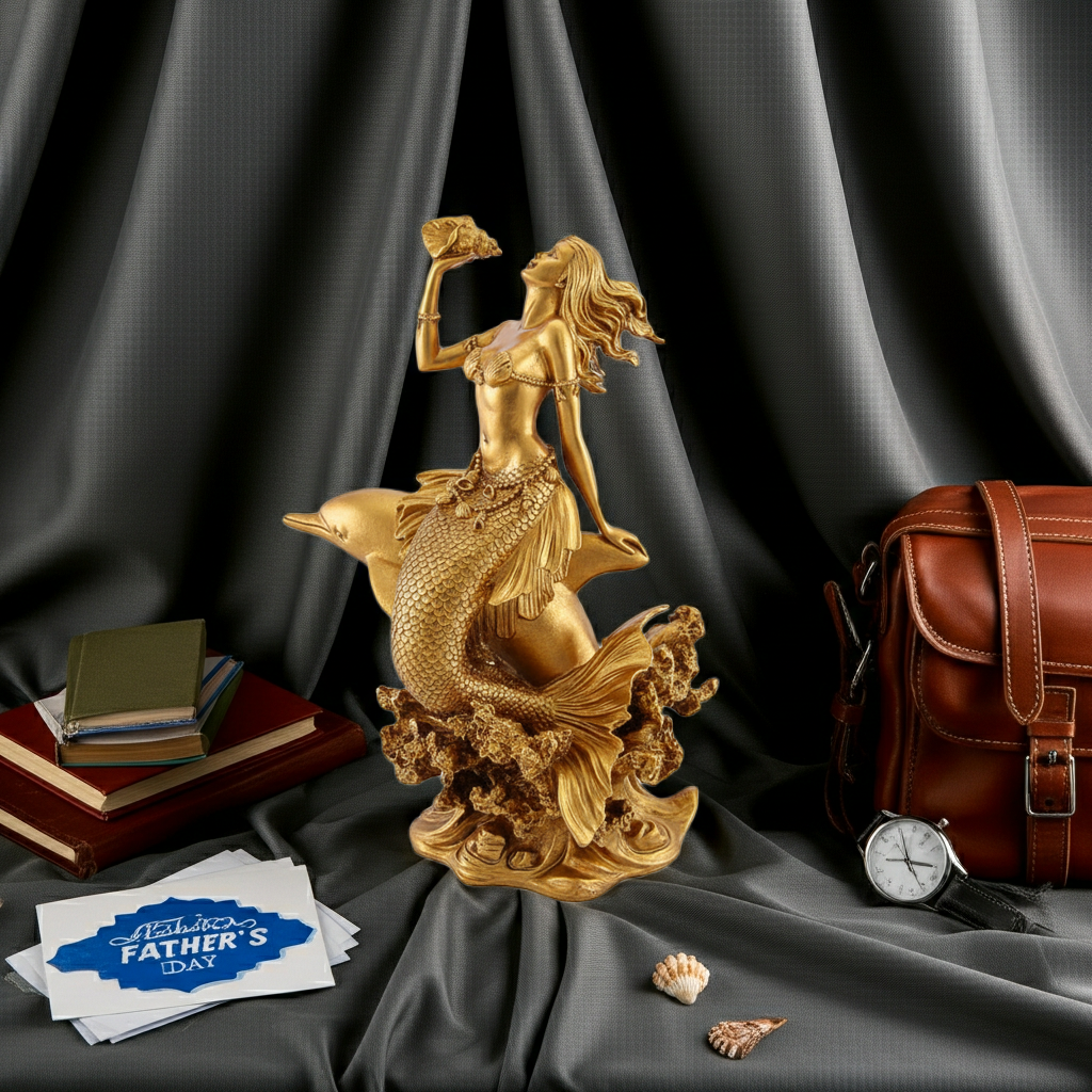 Golden Mermaid with Dolphin and Konch Shell 3D statue in gold finish by MokshaGoldSculptures, elegant fantasy design.
