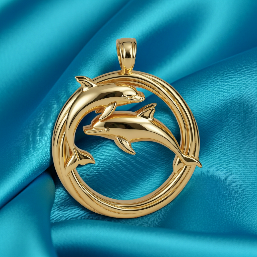 Polished Gold Dolphin Circle Pendant with Integrated Bail – Double Dolphin Necklace – 29 x 23 mm