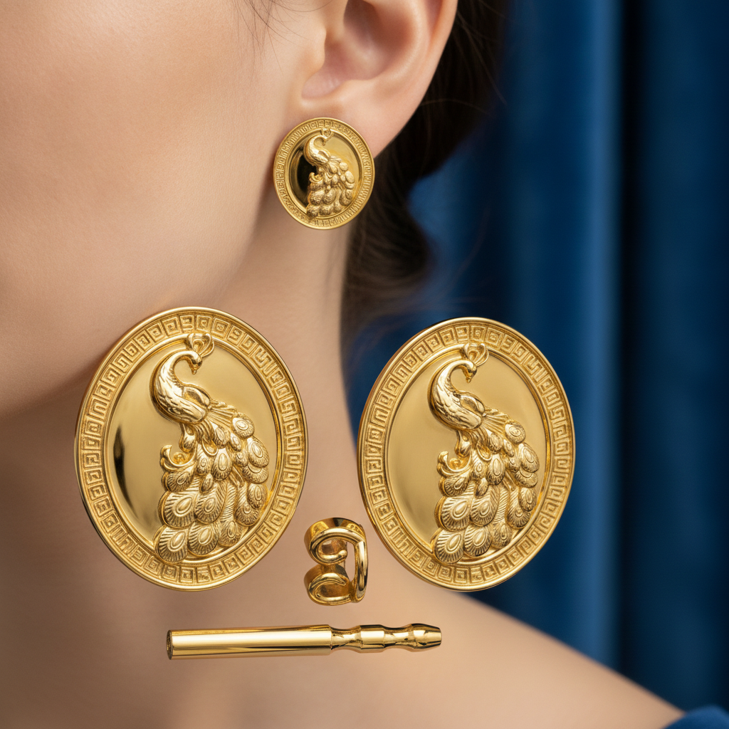 Gothic Peacock Stud Earrings – Solid 9K Gold, Sterling Silver 925 or Polished Yellow Brass – Vintage Peacock Earrings – Nature Inspired Bird Jewelry – Screw Back Earrings