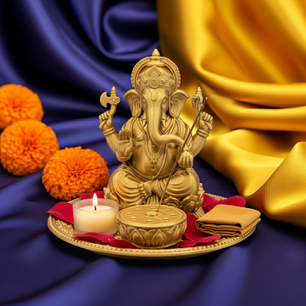 Ganesh Incense Holder Tray in resin finish by MokshaGoldSculptures, featuring statue with incense disk.