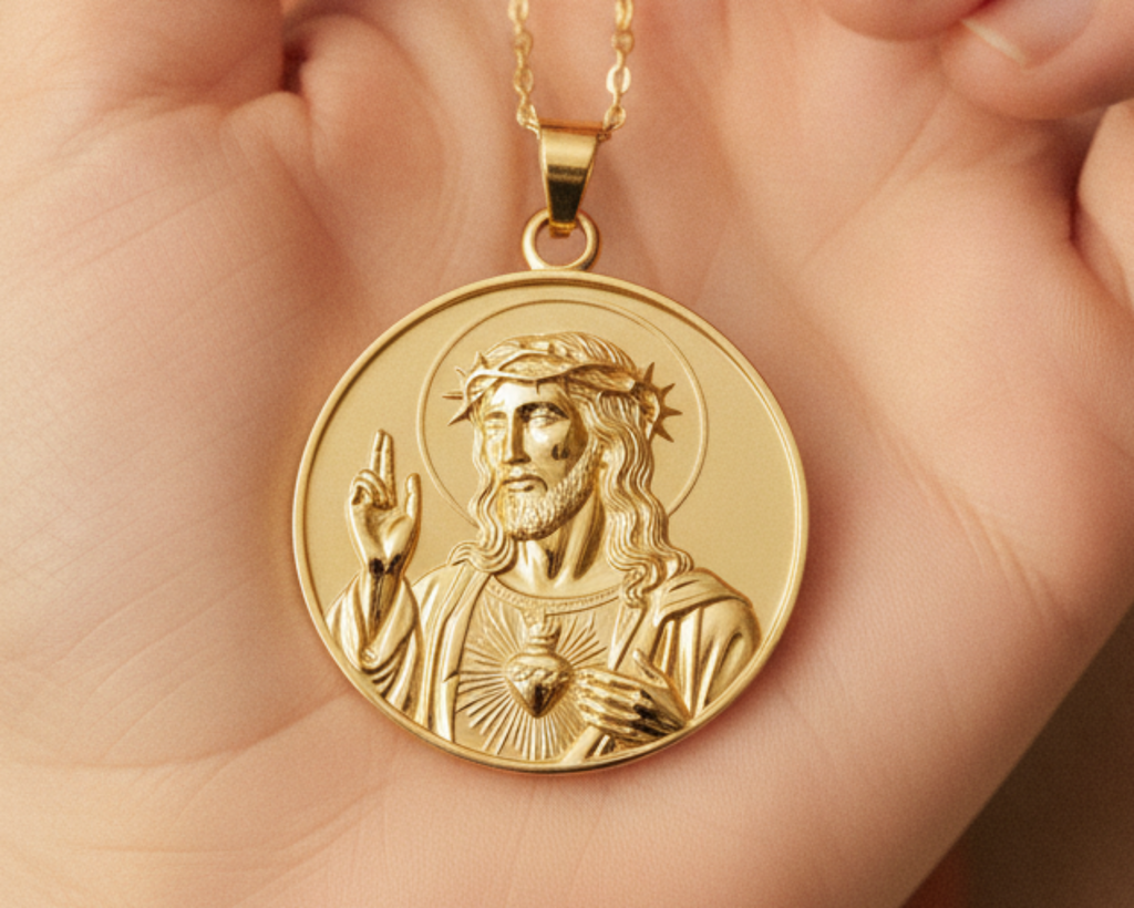 Jesus Sacred Heart Coin Pendant Necklace | 18K Gold Plated, Sterling Silver or Polished Brass | Christian Medallion | Catholic Religious Jewellery | 30mm