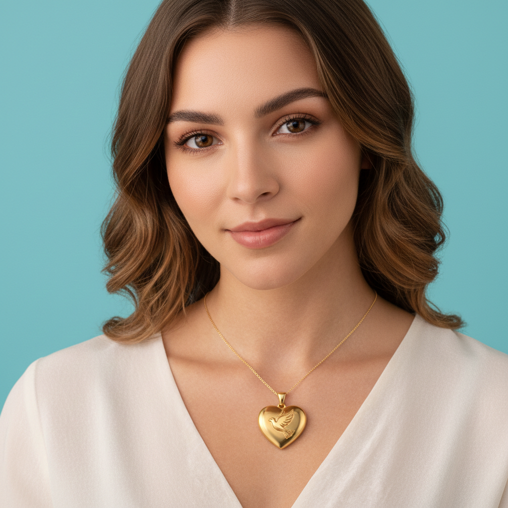 Holy Spirit Dove Heart Pendant – 30mm Polished Yellow Gold – Christian Faith Necklace, Religious 3D Relief Charm