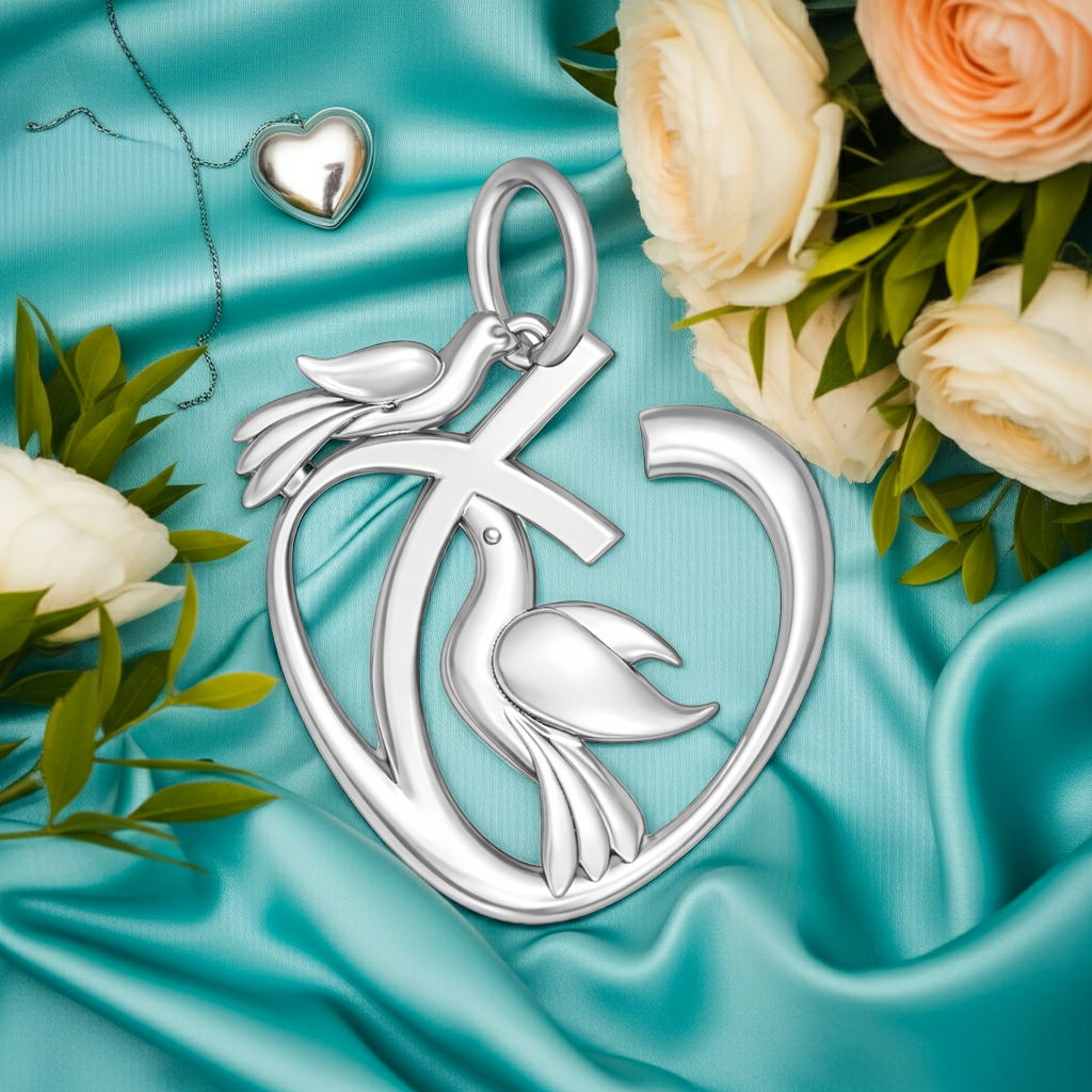 Heart and Dove Pendant - Polished Silver and Brass Symbolic Charm