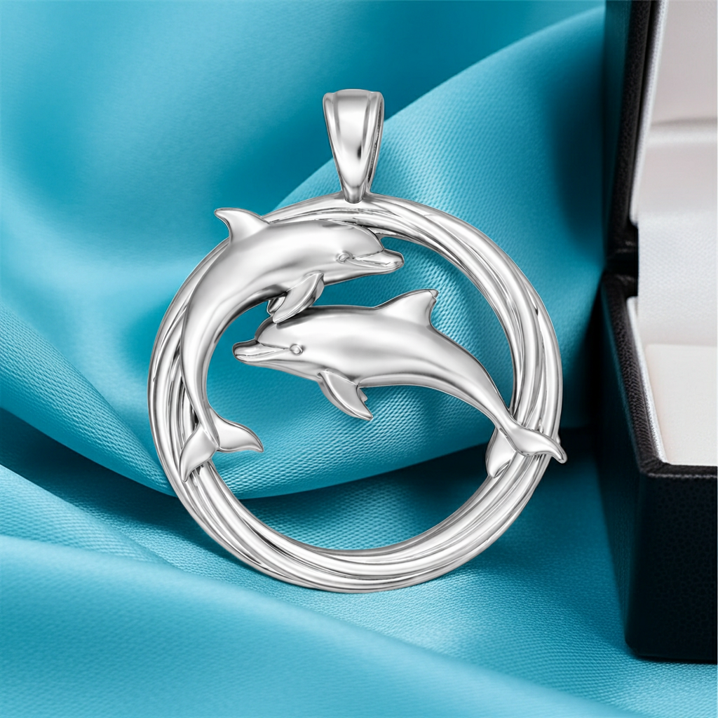 Polished Dolphin Circle Pendant with Bail – Classic Double Dolphin Necklace Charm – 29 x 23 mm