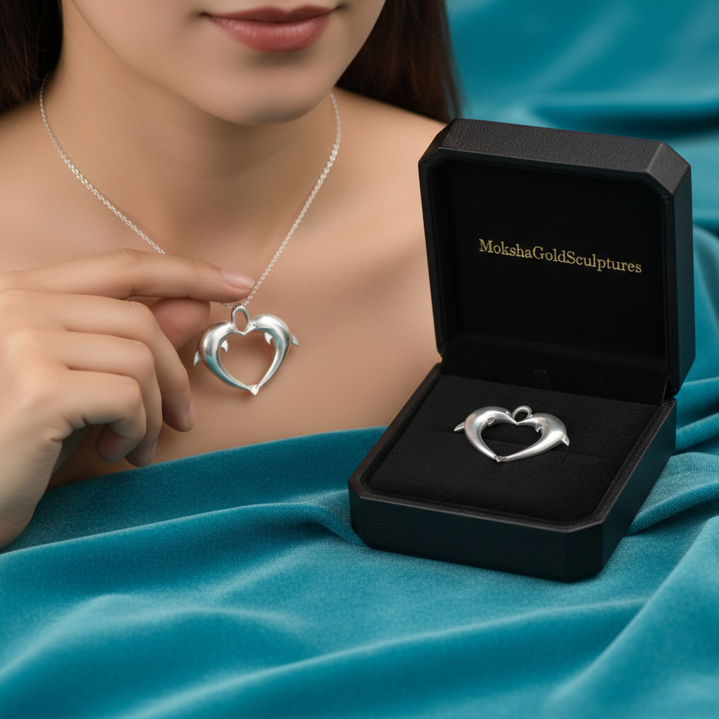 Double Dolphin Heart Pendant with Integrated Bail – Polished Silver or Brass – 29 x 24 mm