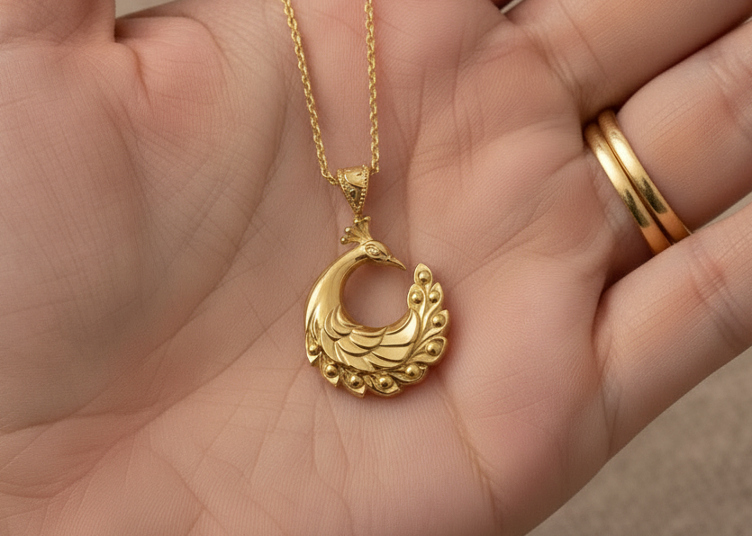 Peacock Pendant Necklace 25mm | 9K Solid Gold, Sterling Silver 925 or Polished Yellow Brass | Art Nouveau Peacock Necklace | Nature Inspired Bird Jewelry | Made to Order