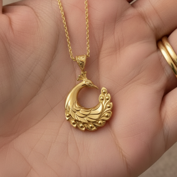 Peacock Pendant Necklace 25mm | 9K Solid Gold, Sterling Silver 925 or Polished Yellow Brass | Art Nouveau Peacock Necklace | Nature Inspired Bird Jewelry | Made to Order