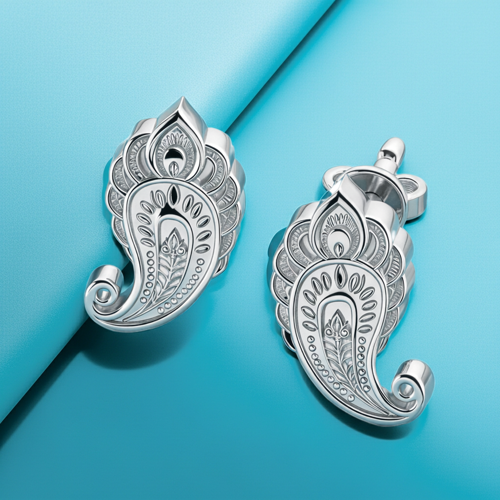 Silver Paisley Pattern Stud Earrings, Polished Brass Stud Earrings, Ornamental Handmade Jewellery