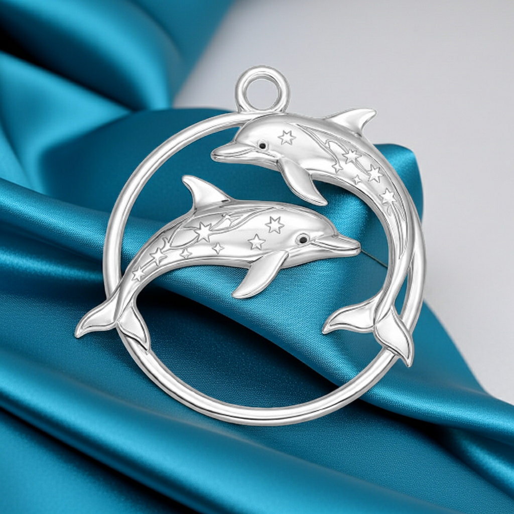 Polished Sterling Silver Dolphin Circle Pendant – Celestial Star Engraved Double Dolphin Necklace Charm – 25x23mm